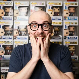 a happy nerdy balding guy surprised in front of his collection of funko pop, realistic