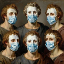 a renaissance oil painting of greek philosophers wearing face masks!!!!, photorealistic oil painting of chirurgical masks, award winning, trending on flickr