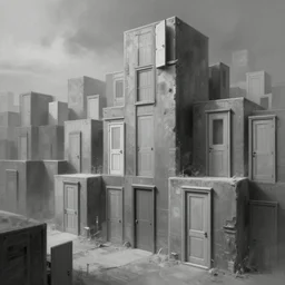 dystopian cyberpunk world, with doors everywhere, grey sky, monochrome except doors, concept art, matte painting, high detail, buildings made of doors, large scale, digital painting, style of jordan grimmer, high res