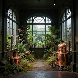 dark indoor vintage crazy garden with copper equipment in a cubic room with large victorian windows