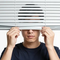 a man with small window blinds pulled down over his eyes