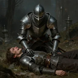 masterpiece a knight kneeling over his dead dead dead friend lying before him and crying crying crying, by Greg Rutkowski Thomas Kincade, detailed, 4k, cinematic, intense, gritty, fantasy, two characters, melancholy