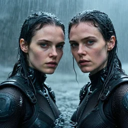cinestill 5 0 d candid photographic portrait by christopher nolan of two loving female androids wearing rugged black mesh techwear in treacherous waters, extreme closeup, modern cyberpunk retrofuturism moody emotional cinematic, pouring iridescent rain, 8 k, hd, high resolution, 3 5 mm, f / 3 2, ultra realistic faces, ex machina