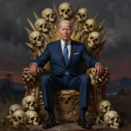 Demon Joe Biden sitting on a throne of skulls, digital painting