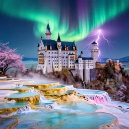 neuschwanstein castle on pamukkale thermal waters flowing down gold travertine terraces in vinicunca rainbow mountain during sakura season on an interstellar aurora borealis with heavy thunder and lightning, pink waterfalls, by peter mohrbacher, james jean, james gilleard, greg rutkowski, vincent di fate, rule of thirds, octane render, beautiful landscape
