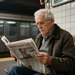 Old man reading a newspaper alone in an underground subway station