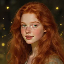 portrait of a red haired girl, long hair, green eyes, hint of freckles, beautiful round face, soft amazed smiles, among golden fireflies, highly detailed, deep focus, elegant, digital painting, smooth, sharp focus, golden ratio, illustration, ultra realistic, 8 k, art by elisabeth vigee le brun
