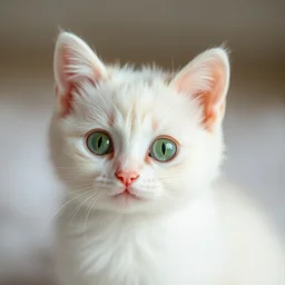 a white mochi with green eyes