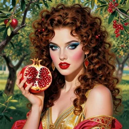 portrait of glamor greek persephone | pomegranate | curly hair | orchard background | highly detailed | very intricate | professional model | cinematic lighting | painted by donato giancola and mandy jurgens and charlie bowater | bold colors, artdeco, art deco outrun anime aesthestic, 8 0's nostalgia | featured on artstation