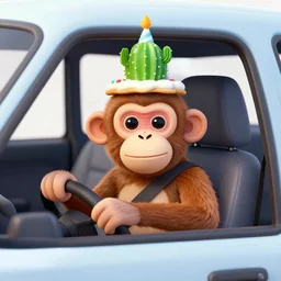 a monkey is wearing a birthday cactus cake on his head and driving a car