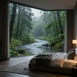 a view inside modern bedroom in the middle of a raining forest with river, unreal 5, hyperrealistic, realistic, photorealistic, dynamic lighting, highly detailed, cinematic landscape, studio landscape, studio lighting