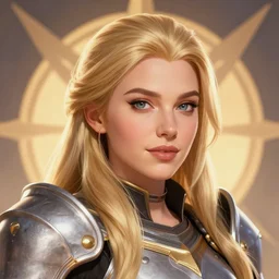 just one head, portrait, Imogen Poots D&D Paladin, blonde hair, stylized background, global illumination lighting, official fanart, trending on behance, trending on artstation by Jesper Ejsing and RHADS and Makoto Shinkai and Lois van baarle and ilya kuvshinov and rossdraws