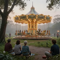 a park with merry - go - round in the background, misty evening, fantasy art, highly detailed matte painting, low angle view, telephoto lens 2 0 0 mm, by stanley artgerm lau, greg rutkowski, thomas kinkade, alphonse mucha, loish, norman rockwell, artstation