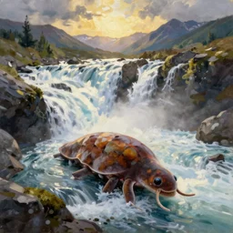 portrait of tardigrade at Brooks Falls in Alaska, landscape painting by Moran and George Caitlin