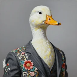 anthropomorphic duck wearing a suit, hyperrealism painting by beeple, bill henson, kadir nelson, ornament, porcelain, super - resolution, soft lighting, ray tracing global illumination, vivid colors, hdr