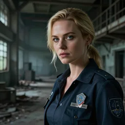 a beautiful blonde haired detective woman exploring an abandoned scp foundation facility, epic composition, intricate details, hyper detailed, 8 k, volumetric light, dark atmosphere, face by charlie bowater, and wlop, clear clean face