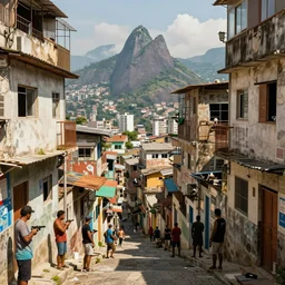 photorealistic  favela rocinha rio de janeiro with precise rendered alleys with intricate details of gun happy people in alley close view  by  Justin Gerard