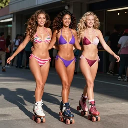 lovely bikini models rollerblading on the streets and having fun, smile, lips, sharp blue eyes, advertisement