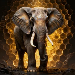 undead lich elephant with tusks, studio portrait, honeycomb structure background, intricate detail, high precision, glowing light, whealan,