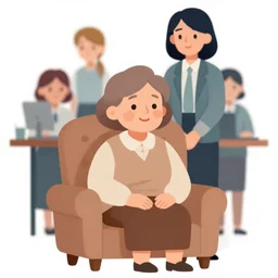 a old lady with brown hair sitting in an armchair with her forty year old staffing behind her. clean cel shaded vector art. shutterstock. behance hd by lois van baarle, artgerm, helen huang, by makoto shinkai and ilya kuvshinov, rossdraws, illustration, art by ilya kuvshinov