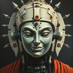 biomechanical alien robot buddha, female, intense stare, sarcastic smile, symmetrical, concept art, intricate detail, volumetric shadows and lighting, realistic oil painting, 1 9 7 0 psychedelic soviet poster,