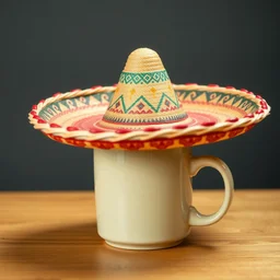 ( coffee mug ) wearing a [ mexican sombrero ] on top, photograph,