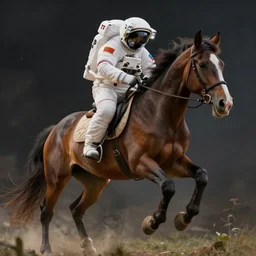 A photograph of a horse on top of an astronaut, animal up and human down