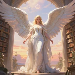 infinitely detailed concept art of angel!! elegantly clothed imposing it's majestic aura, spreading it's gloriously detailed wings in a peaceful dream setting!, artstation!! / pixiv!!! infinitely detailed, library dream world outdoors and sunset library scenery art concept, dream magical, dream scenery art, dream lighting, full - body majestic angel