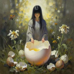 priestess of eggshells and wilted flowers. gouache by award - winning mangaka, chiaroscuro, bokeh, backlighting, field of depth