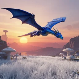 Blue dragon flying over a sunset on an alien world, in the style of No Man's Sky. White grass, mushroom forest, mountains. High detail. Concept art. 4K. Unreal engine.