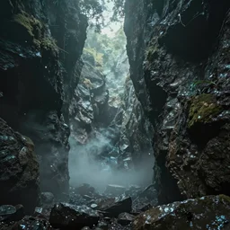 a photograph of the ravine in which ancient voices dwell. magical. ancient. mist. ghostly. magic particles. cinematic.