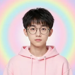 portrait image of a cute androgynous young man with black hair and circular glasses wearing a light pink hoodie, clean shaven, trending on artstation, facial symmetry, chibi style, soft lighting, post processing, blur, trippy pastel background