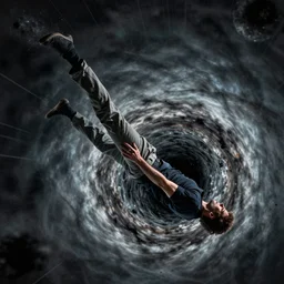 spaghettification of a man falling into a black hole, he gets stretched by his feet, elongated in an infinite spiral toward the center of the black hole, sharp focus, dynamic, cinematic lighting, highly detailed, artstation, divine, by gauthier leblanc, kazuya takahashi, huifeng huang