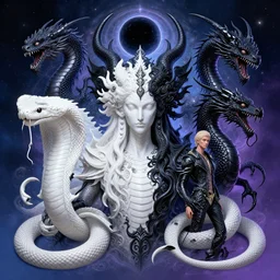 portrait neo - cosmic vibrational energy, ancient time travel, white rattlesnake, black dragon, white leviathan, black kracken, black hole headdress, intricate artwork by artgerm, greg rutkowski, and kilian eng, symmetrical!!! digital illustration, hyper detailed!!!, super sharp, crisp, smooth, vibrant colors!!! smooth gradients!!!! depth of field, aperture f 1. 2