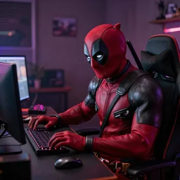 film still of Deadpool working as a twitch streamer in his gamer bedroom in the new Deadpool movie, 4k
