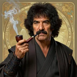an ultra detailed matte painting of bob ross smoking a pipe and dressed as a wandering ronin samurai, d & d, epic fantasy, concept art by alphonse mucha and greg rutkowski, octane render, 8 k, detailed face