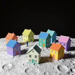 hd artistic photo of people living on colorful houses on moon, highly detailed