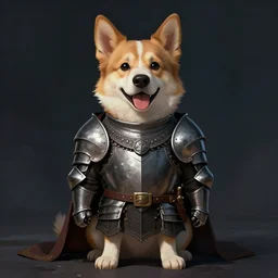smiling dog wearing medieval suit of armor, illustration, concept art, art by wlop, dark, moody, dramatic