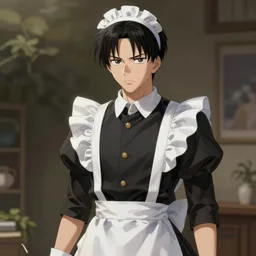 cottagecore, south Korean male, wearing a maid dress, short, Levi Ackerman, short hair, pointy nose, annoyed. elegant. highly detailed, digital painting, artstation, concept art, smooth, sharp, focus, illustration. art by artgerm and greg rutkowski alphonse mucha and Marat Safin