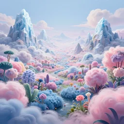 a psychedelic realm with roll plains made out of clouds, mountains made out of ice, and plant life made out of cotton candy in an alternate dimension, in the style of wlop, illustration, epic, fantasy, hyper detailed, smooth, unreal engine, sharp focus, ray tracing