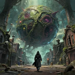 by peter blume and studio ghibli, visually stunning, cinematic, ultra realistic, hyper realism, 1 2 k, epic, octane render, unreal engine, vfx, maya, the simulation is set to fly through the orb of madness, veins are vines, sci - fi abandoned warehouses, plague doctor walking the streets of london, simulacrums