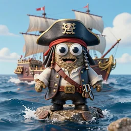 A rock with googly eyes is wearing a pirate's outfit, it is the captain of a crew, it's on their pirate ship, the ship is sailing the wide open seas, the rock is hunting for treasure, hyperdetailed, artstation, cgsociety, 8k