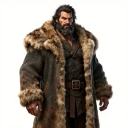 fantasy middle - aged burly lumberjack with a beard, render, photorealistic, dungeons and dragons, realistic, dark hair, wearing a fur coat, high quality matte painting, midjourney