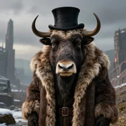 highly detailed portrait photo of an anthropomorphic mutant with the head of a musk ox, wearing a long fur coat and a top hat in a dystopian scenic environment, hyperrealistic Illustration