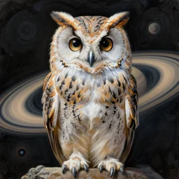 realistic portrait beautiful painting of japanese owl, background saturnus. full body, fine art, trending on artstation, smooth draw, sharp focus, digital art, bright colors, fine draw, perfect lighting, high render, high resolution.