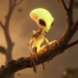 a macro photograph of a glowing alien creature attached to a tree branch, warm lighting, hyperdetailed, retro futurism, unreal engine