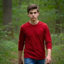 portrait, male teenager, brown hair, red shirt, blue jeans, dark shaped eyes, walking in forest, detailed face, realistic photo.