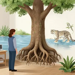 buttress tree roots, a female art pathologist in her apartment, a river flooding through the wall, snow leopard, plants in glass vase, water, river, rapids, pig, canoe, pomegranate, berries dripping, acrylic on canvas, surrealist, by magritte and monet