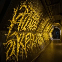 intricate, highly detailed, sharp, yellow, mysterious jagged extraterrestrial writing, on the wall of a long spaceship corridor, the corridor has a triangular section, cinematic, dramatic lights scene