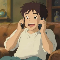 a 50 year old brunnete happy chinese man with puffy cheeks sitting on a couch at home and talking on the phone, anime art, Greg Rutkowski, studio ghibli, dramatic lighting